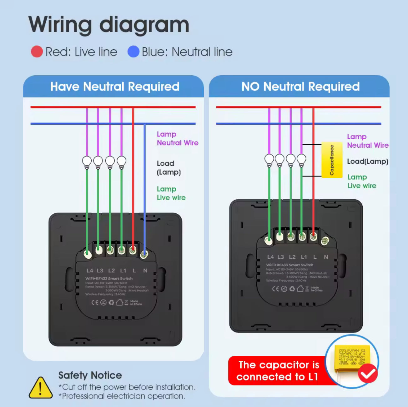مفتاح جداري ذكي رباعي WiFi + RF433 | زجاجي لمس مقاوم للرطوبة