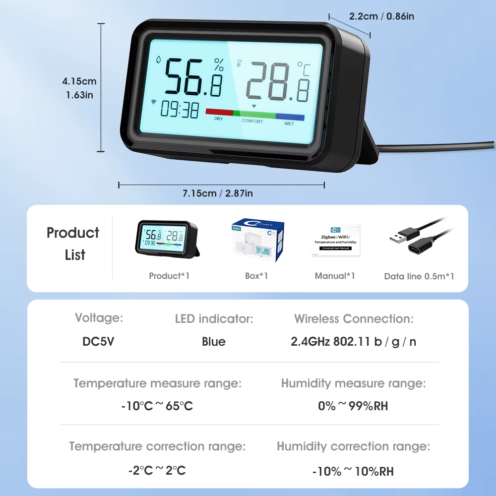 حساس ذكي لدرجة الحرارة والرطوبة WiFi مع شاشة رقمية وتحكم عبر التطبيق - متوافق مع Tuya