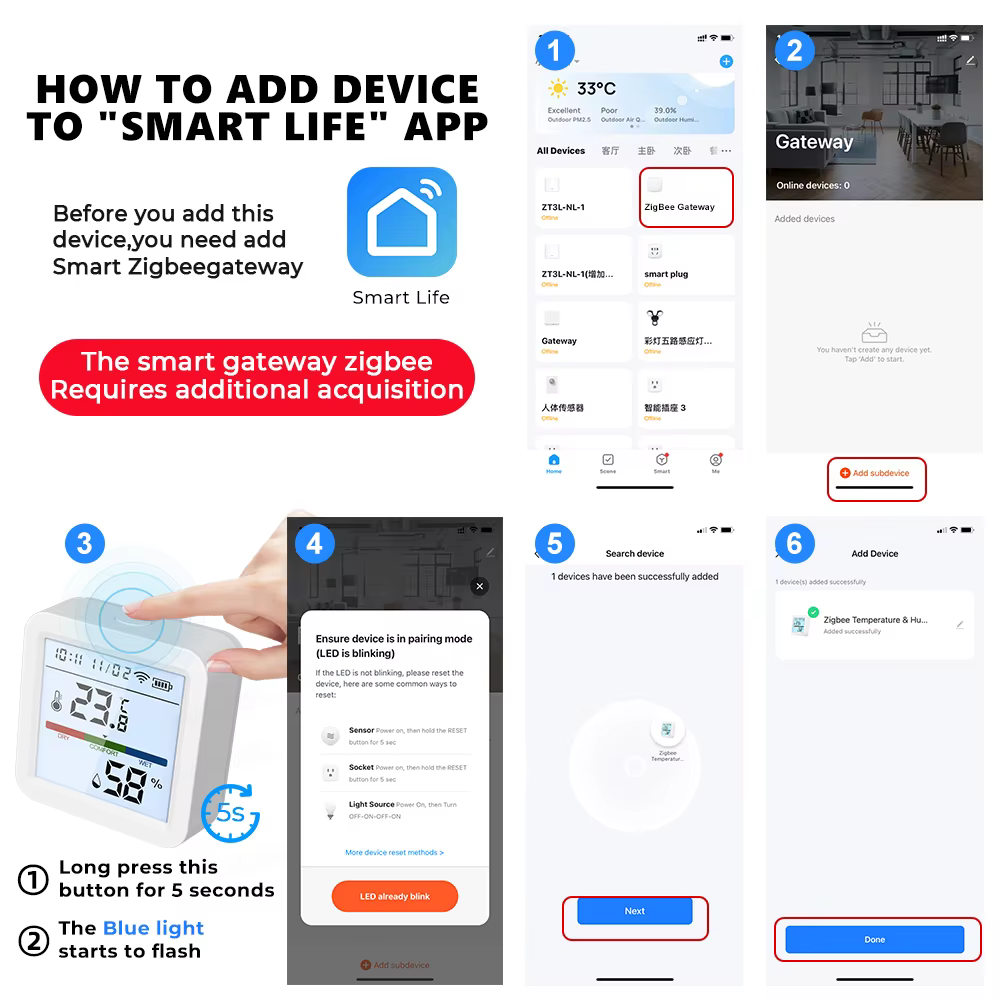 مستشعر درجة الحرارة والرطوبة الذكي ZigBee مع شاشة LCD بإضاءة خلفية – يعمل مع Tuya / Smart Life ويدعم Alexa وGoogle Home