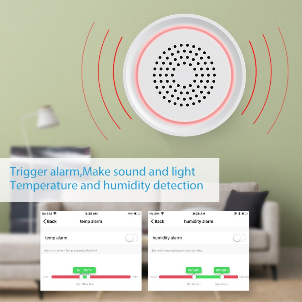صفارة إنذار Wi-Fi ذكية بالصوت والضوء مع حساس حرارة ورطوبة مدمج وتحكم عن بُعد عبر تطبيق Tuya / Smart Life