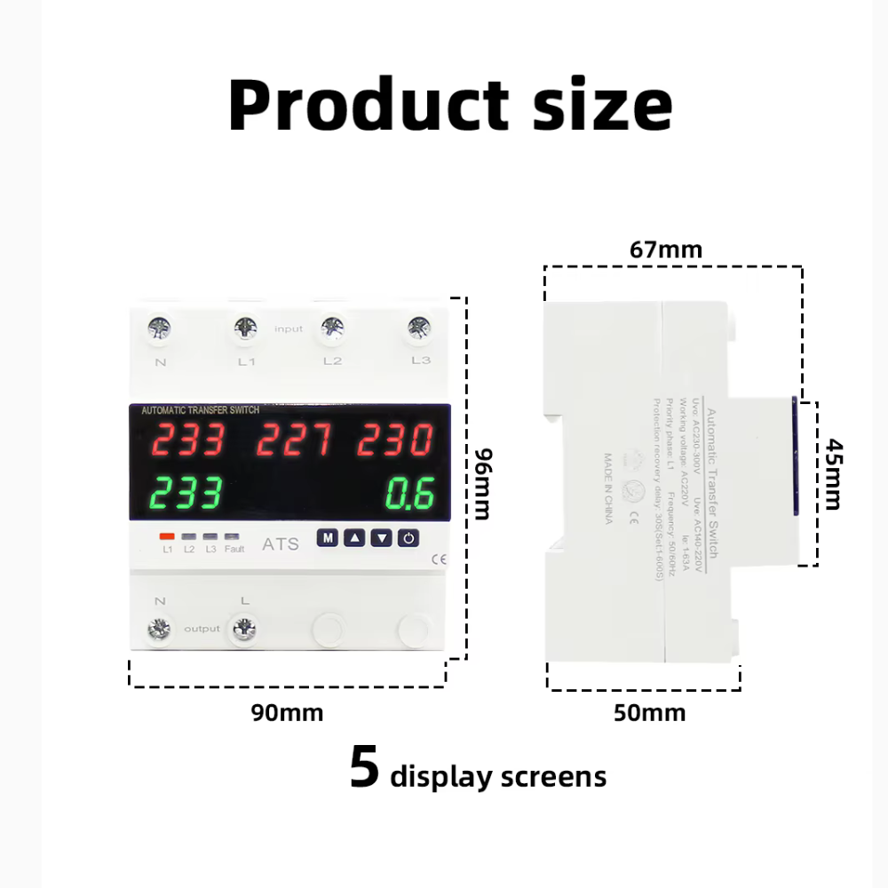 مفتاح تحويل ذكي أوتوماتيكي (ATS) ثلاثي الخطوط مع حماية من زيادة/نقصان الجهد والتيار ياتي مزود ب٥ شاشات عرض- 63A / 100A