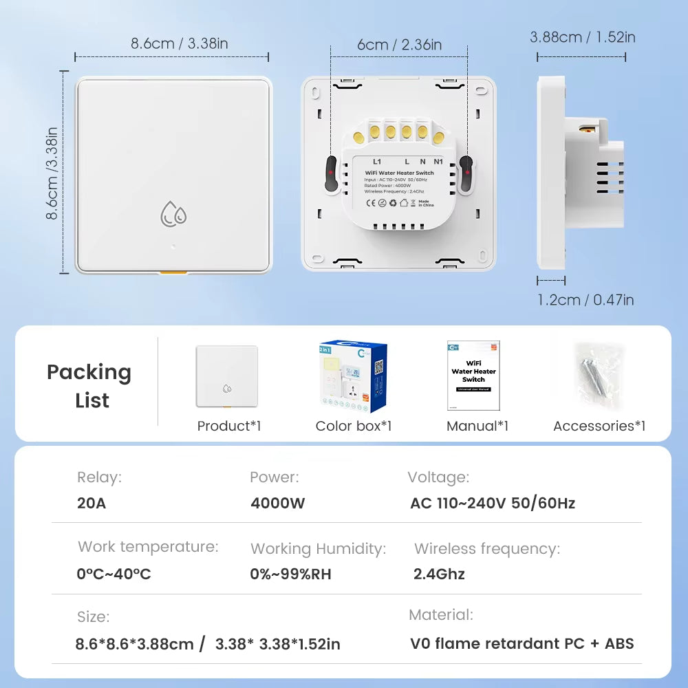 مفتاح ذكي WiFi + RF433 بقدرة 20 أمبير مع مراقبة استهلاك الطاقة وتحكم صوتي – يعمل مع Tuya