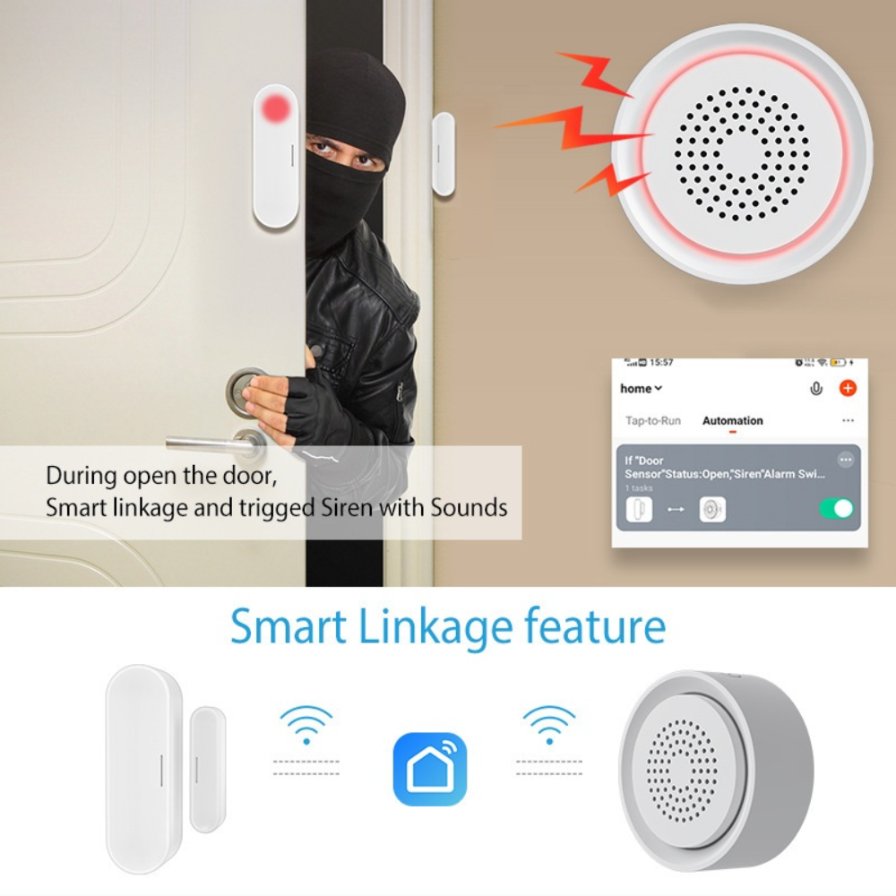 صفارة إنذار Wi-Fi ذكية بالصوت والضوء مع حساس حرارة ورطوبة مدمج وتحكم عن بُعد عبر تطبيق Tuya / Smart Life