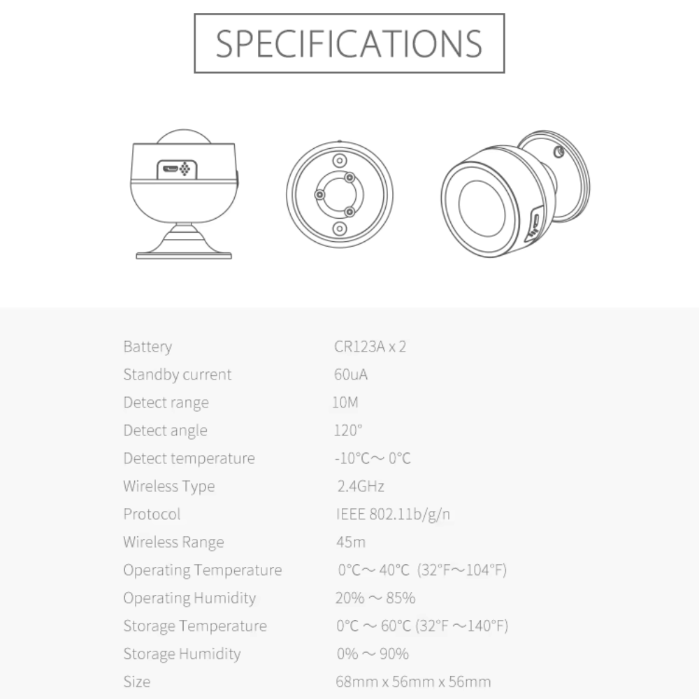 Smart WIFI motion sensor (2 x CR123A batteries or USB) Tuya or Smart Life system