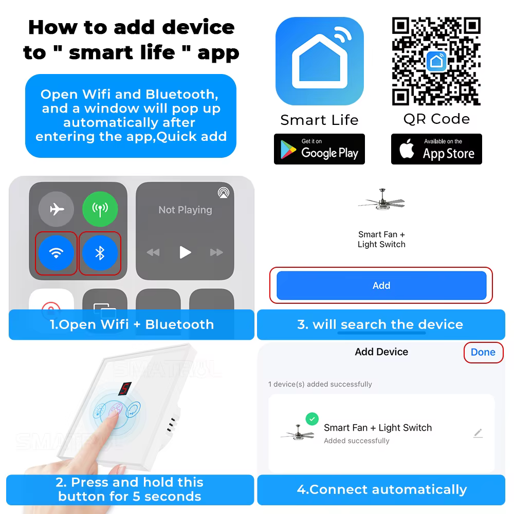 مفتاح ذكي للتحكم في المروحة والإضاءة WiFi مع 5 سرعات – يعمل مع Tuya/Smart Life