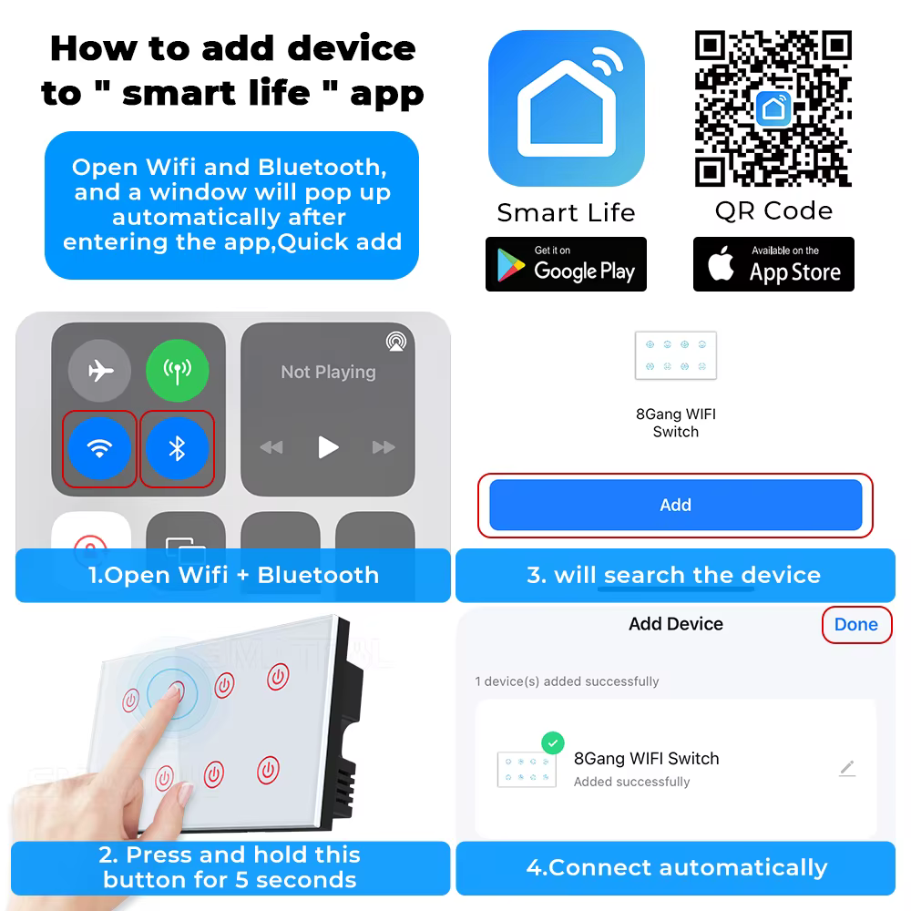 مفتاح جداري ذكي WiFi/Bluetooth بـ8 مفاتيح لمراقبة الطاقة والتحكم الصوتي – يعمل مع Tuya وAlexa وGoogle Home