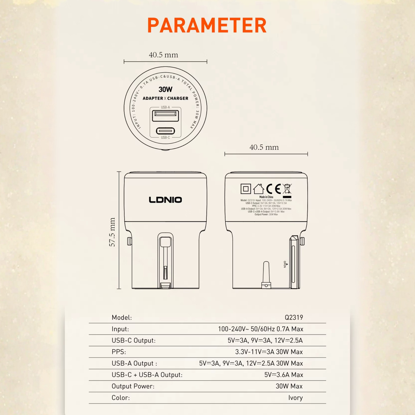 شاحن سفر عالمي قدرة 30 واط بتقنية GaN مع منفذي USB-C + USB-A