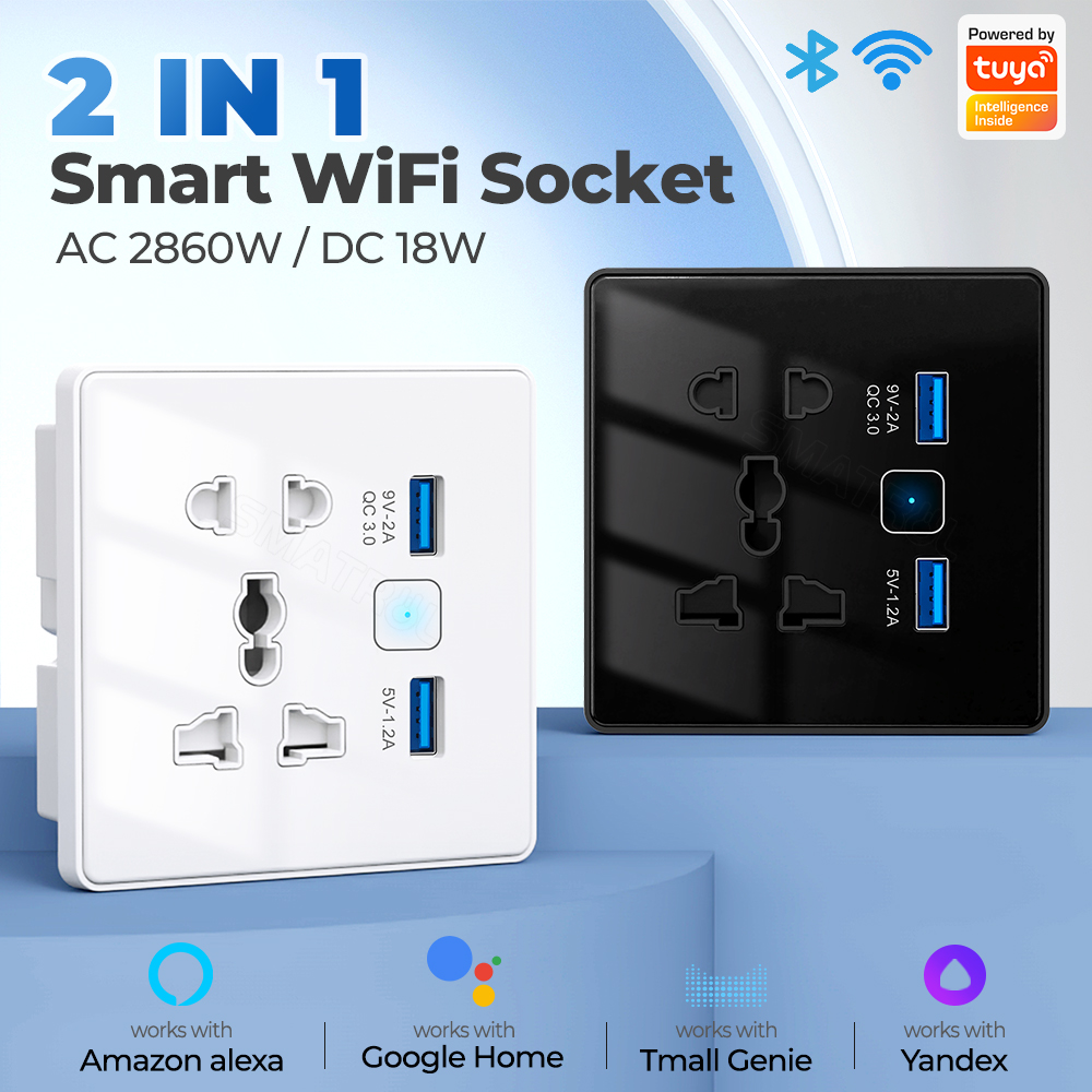 سوج بلك جداري ذكي WiFi + USB مزدوج 13A بنظام Tuya – متوافق مع Alexa وGoogle – تحكم فردي ومؤقت وزمن تنازلي
