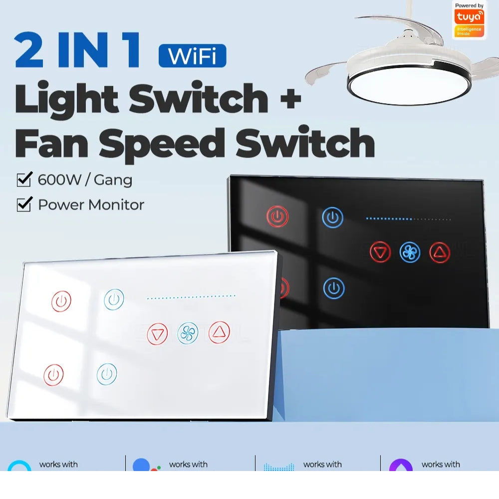 مفتاح ذكي رباعي مع تحكم في سرعة مروحة السقف- مؤقت ومراقبة الطاقة – يدعم التحكم الصوتي عبر أليكسا وجوجل هوم