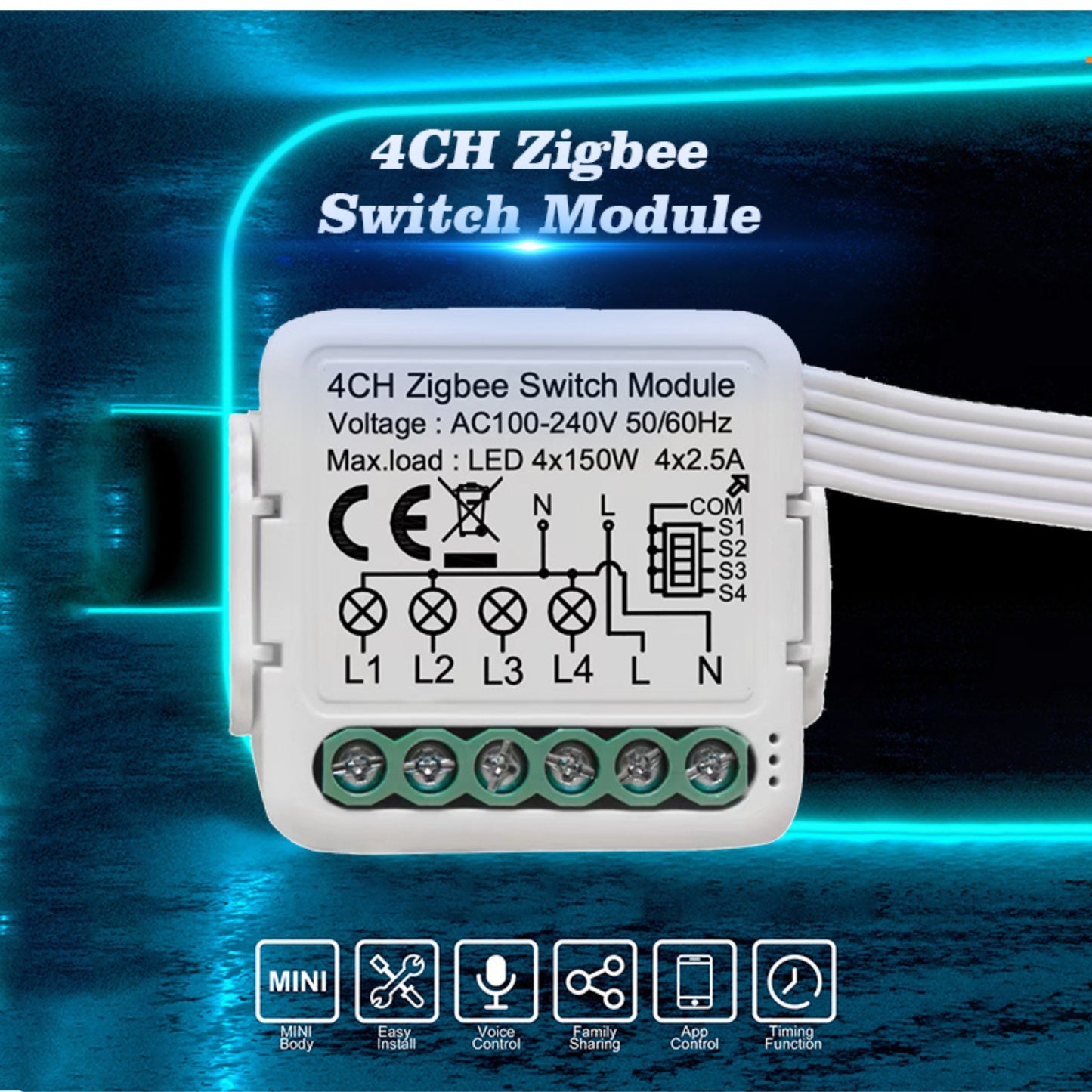 مفتاح ذكي مصغّر Zigbee بأربع قنوات (4 قنوات) – يعمل مع Tuya/Smart Life