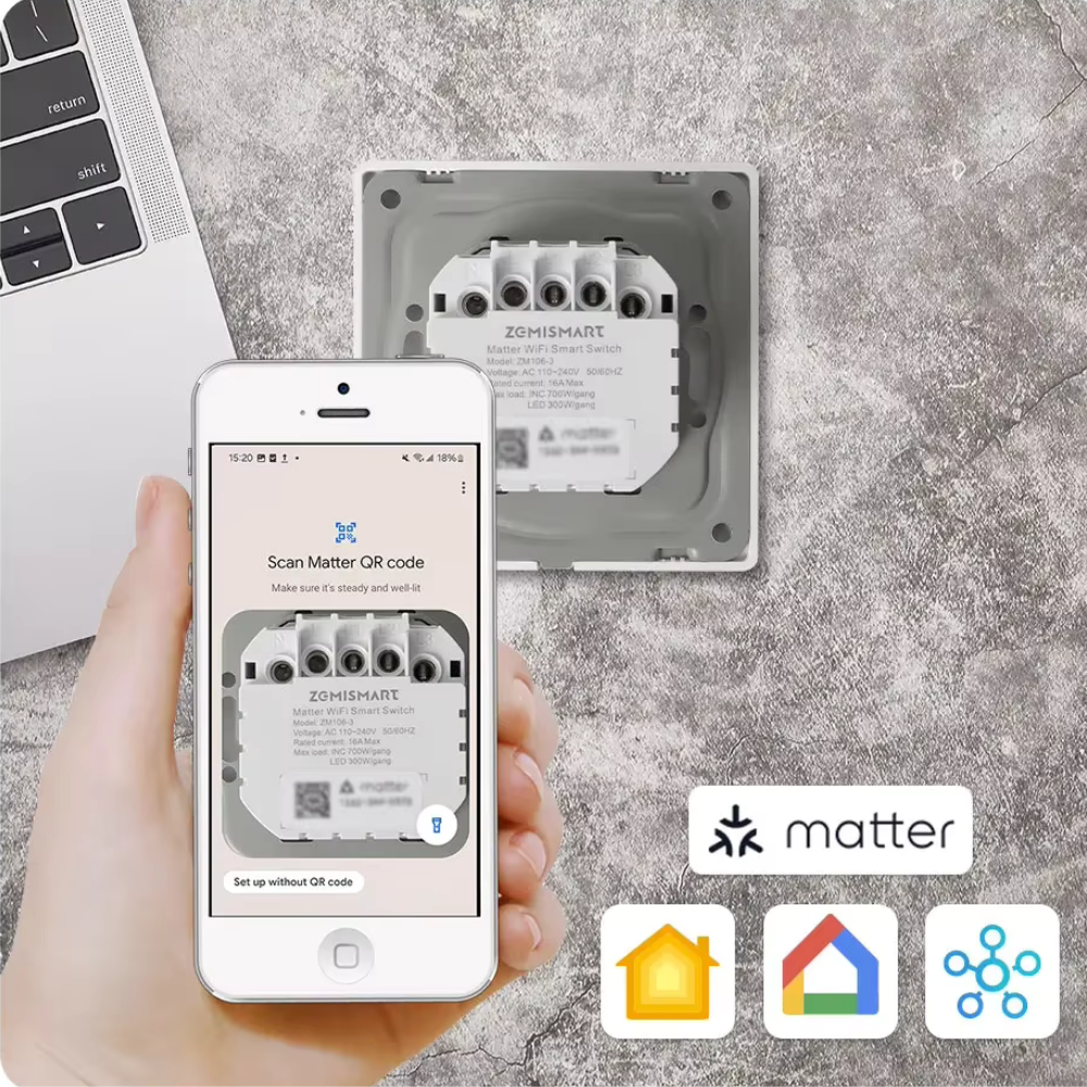مفتاح جدار ذكي WiFi يعمل بتقنية Matter من Zemismart – مواصفات أوروبيه، 1/2/3 أزرار، مع زر ضغط وتحكم عبر التطبيقات