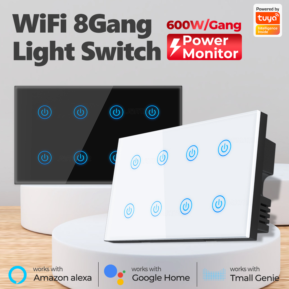 مفتاح جداري ذكي WiFi/Bluetooth بـ8 مفاتيح لمراقبة الطاقة والتحكم الصوتي – يعمل مع Tuya وAlexa وGoogle Home