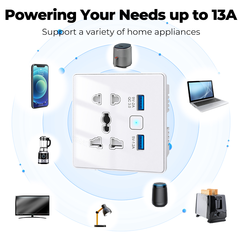 سوج بلك جداري ذكي WiFi + USB مزدوج 13A بنظام Tuya – متوافق مع Alexa وGoogle – تحكم فردي ومؤقت وزمن تنازلي