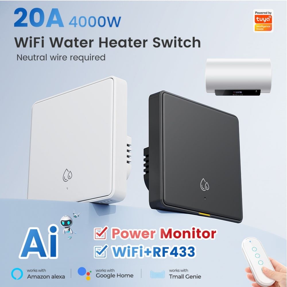 مفتاح ذكي WiFi + RF433 بقدرة 20 أمبير مع مراقبة استهلاك الطاقة وتحكم صوتي – يعمل مع Tuya