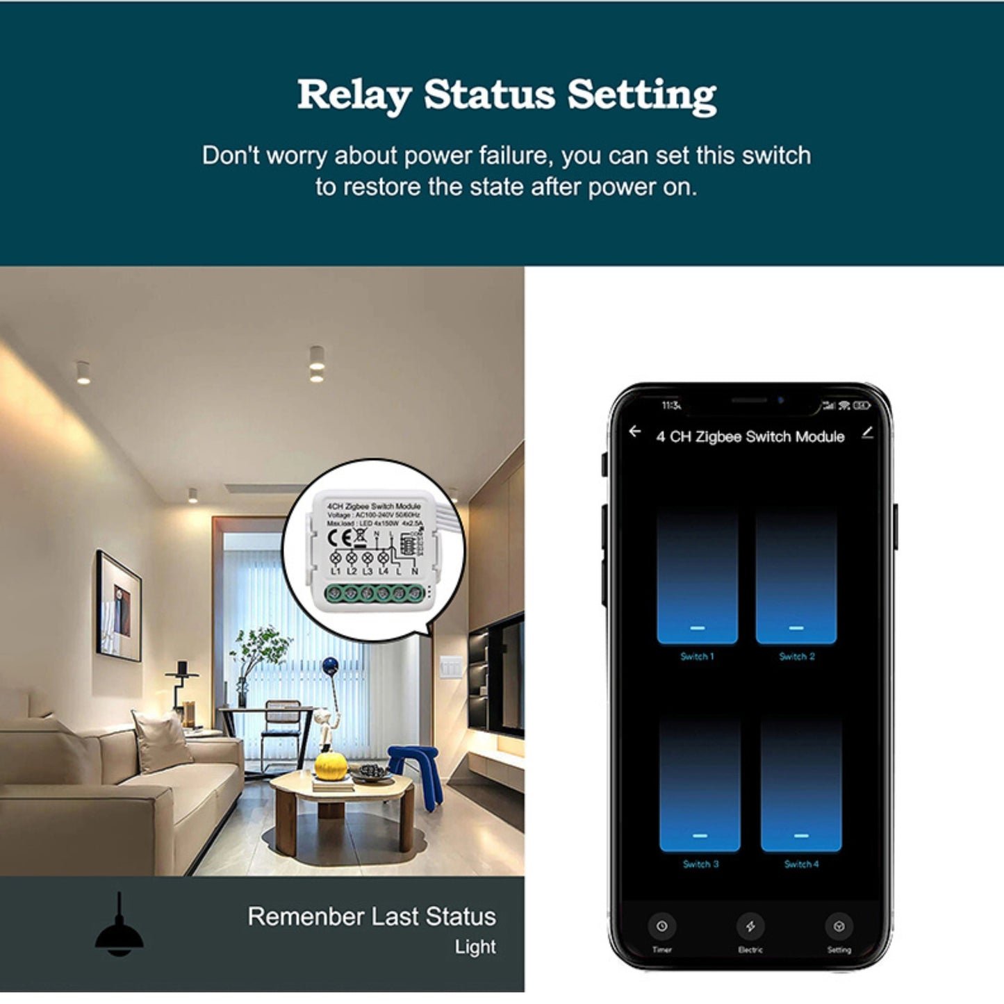 مفتاح ذكي مصغّر Zigbee بأربع قنوات (4 قنوات) – يعمل مع Tuya/Smart Life
