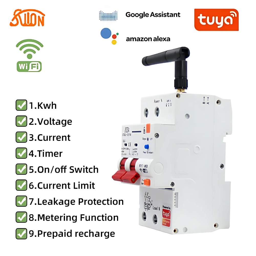 قاطع ذكي ثنائي الفيز WiFi من Tuya مع عداد طاقة وحماية من التسرب 63A