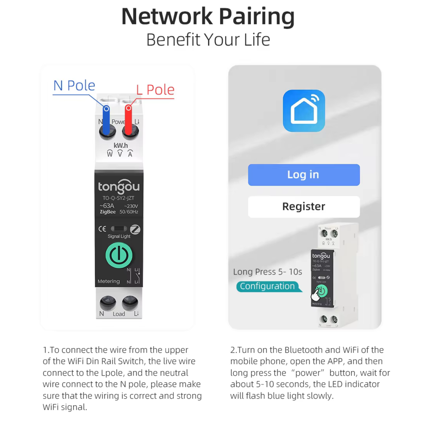 Smart fuse with amperage control from 1-63 amps, Zippy system, functions as a protection device, Tuya Smart Life app.