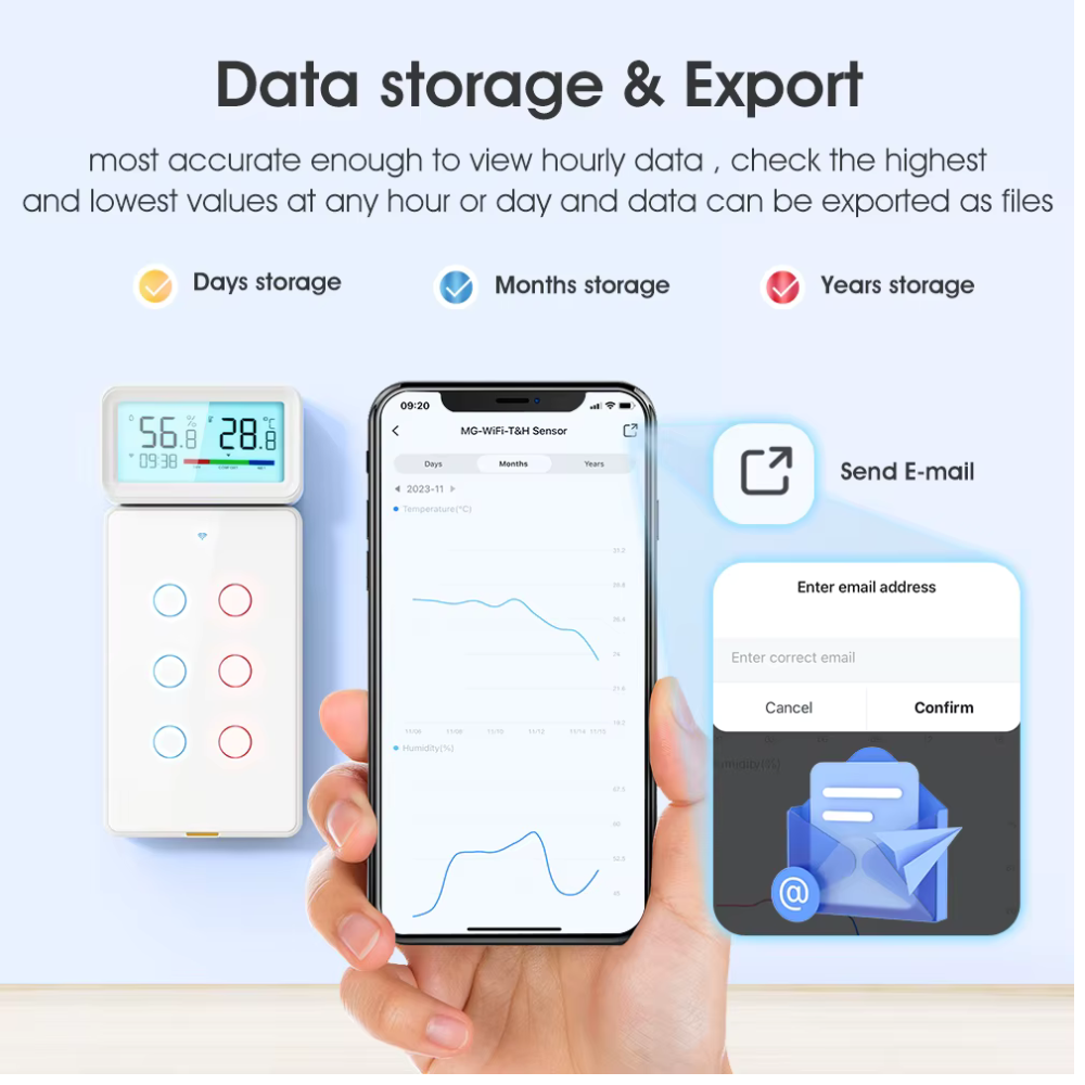 حساس ذكي لدرجة الحرارة والرطوبة WiFi مع شاشة رقمية وتحكم عبر التطبيق - متوافق مع Tuya