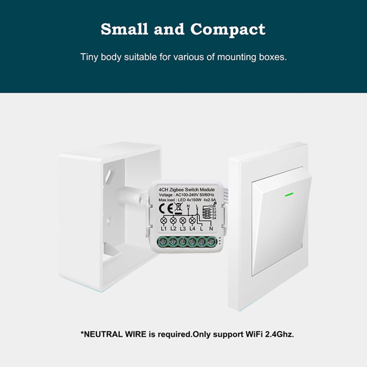 مفتاح ذكي مصغّر Zigbee بأربع قنوات (4 قنوات) – يعمل مع Tuya/Smart Life