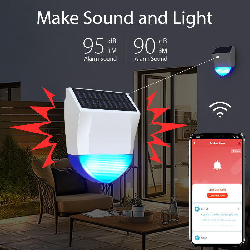 Sirena derve ya jîr a bi enerjiya rojê - Wi-Fi, dengek bilind, bi ronahiya hişyariyê, lihevhatî bi Tuya re