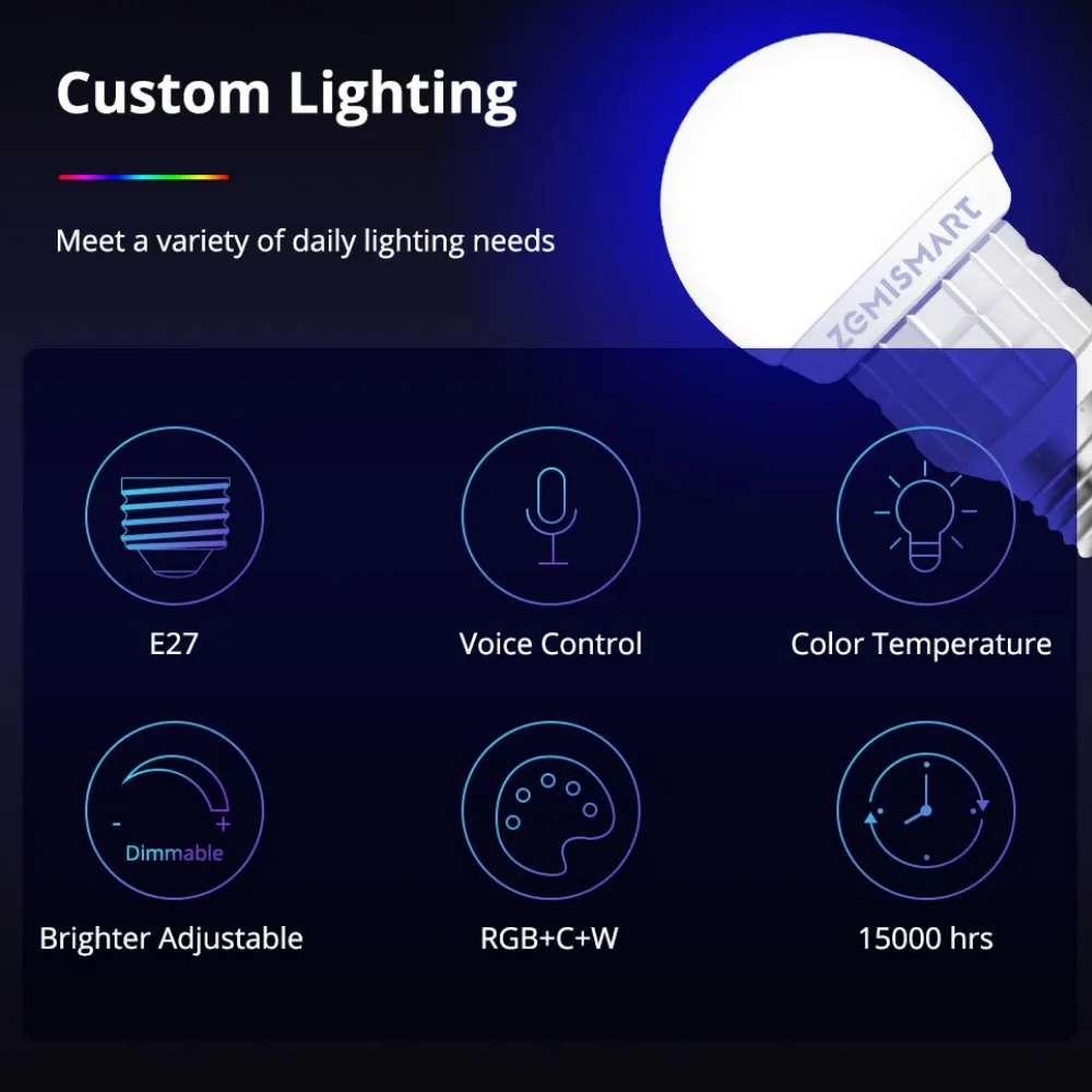 مصباح ذكي WiFi من Zemismart – قابل للتعتيم، يدعم Matter، تحكم صوتي، E27، ألوان RGB + أبيض دافئ / بارد