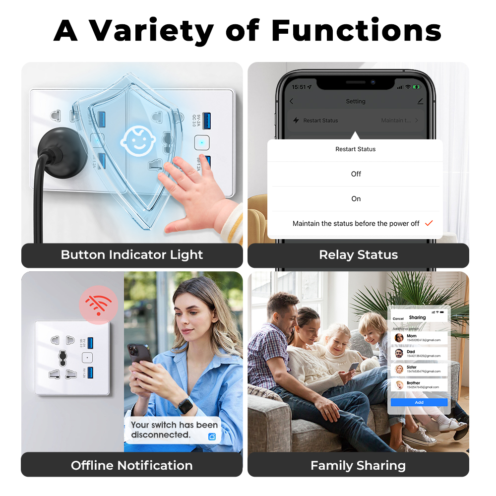 سوج بلك جداري ذكي WiFi + USB مزدوج 13A بنظام Tuya – متوافق مع Alexa وGoogle – تحكم فردي ومؤقت وزمن تنازلي