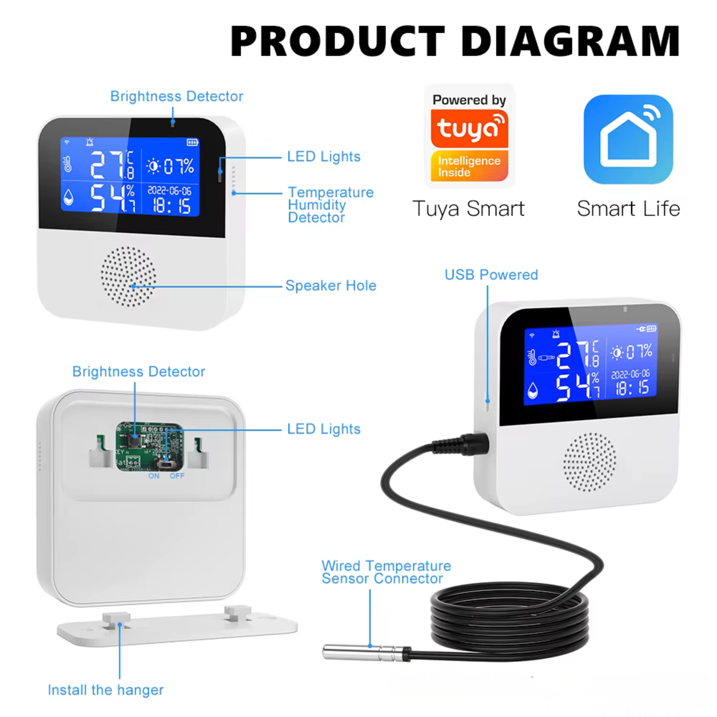 جهاز قياس درجة الحرارة والرطوبة الذكي مع مسبار خارجي + إنذار صوتي