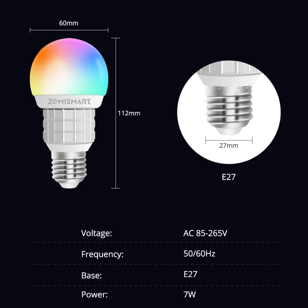 مصباح ذكي WiFi من Zemismart – قابل للتعتيم، يدعم Matter، تحكم صوتي، E27، ألوان RGB + أبيض دافئ / بارد