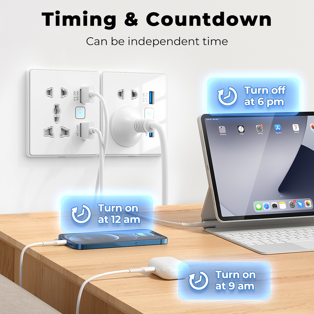 سوج بلك جداري ذكي WiFi + USB مزدوج 13A بنظام Tuya – متوافق مع Alexa وGoogle – تحكم فردي ومؤقت وزمن تنازلي