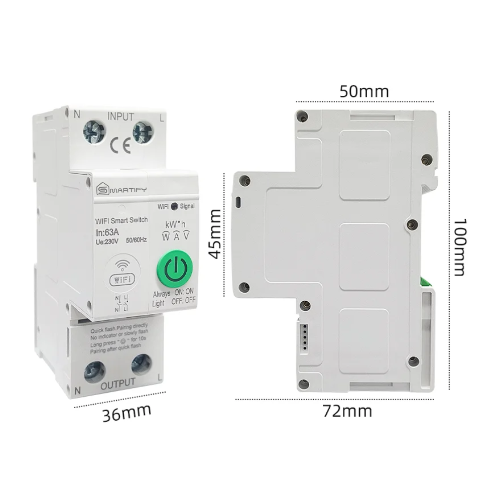 63 Amp Smart Circuit Breaker compatible with Tuya and Smart Life. Remote control, advanced electrical protection, cold start/stop.