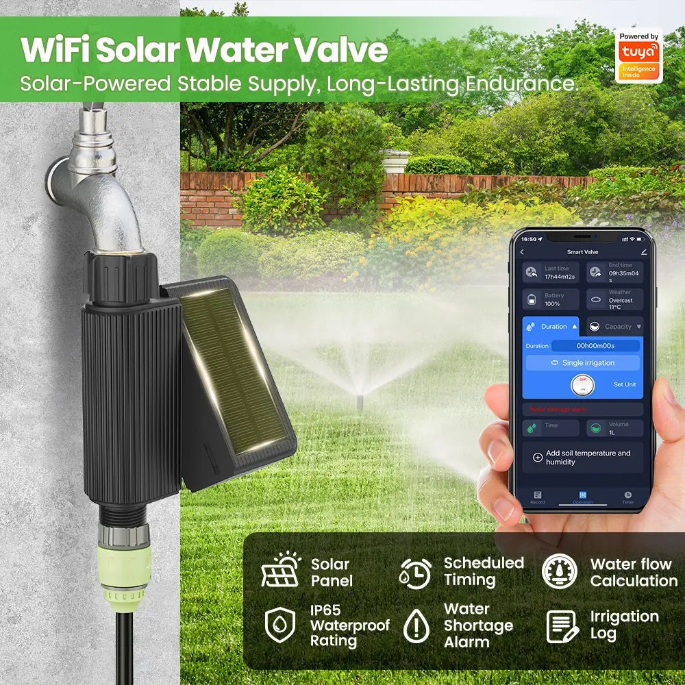 صمّام مياه ذكي يعمل بالواي فاي 2.4G مع مؤقت ري شمسي وقابل لإعادة الشحن عبر Type-C – تحكم عبر التطبيق لري الحدائق والمروج ونظام التنقيط