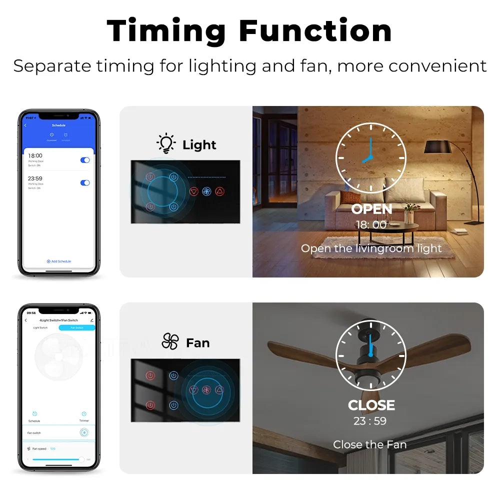 مفتاح ذكي رباعي مع تحكم في سرعة مروحة السقف- مؤقت ومراقبة الطاقة – يدعم التحكم الصوتي عبر أليكسا وجوجل هوم