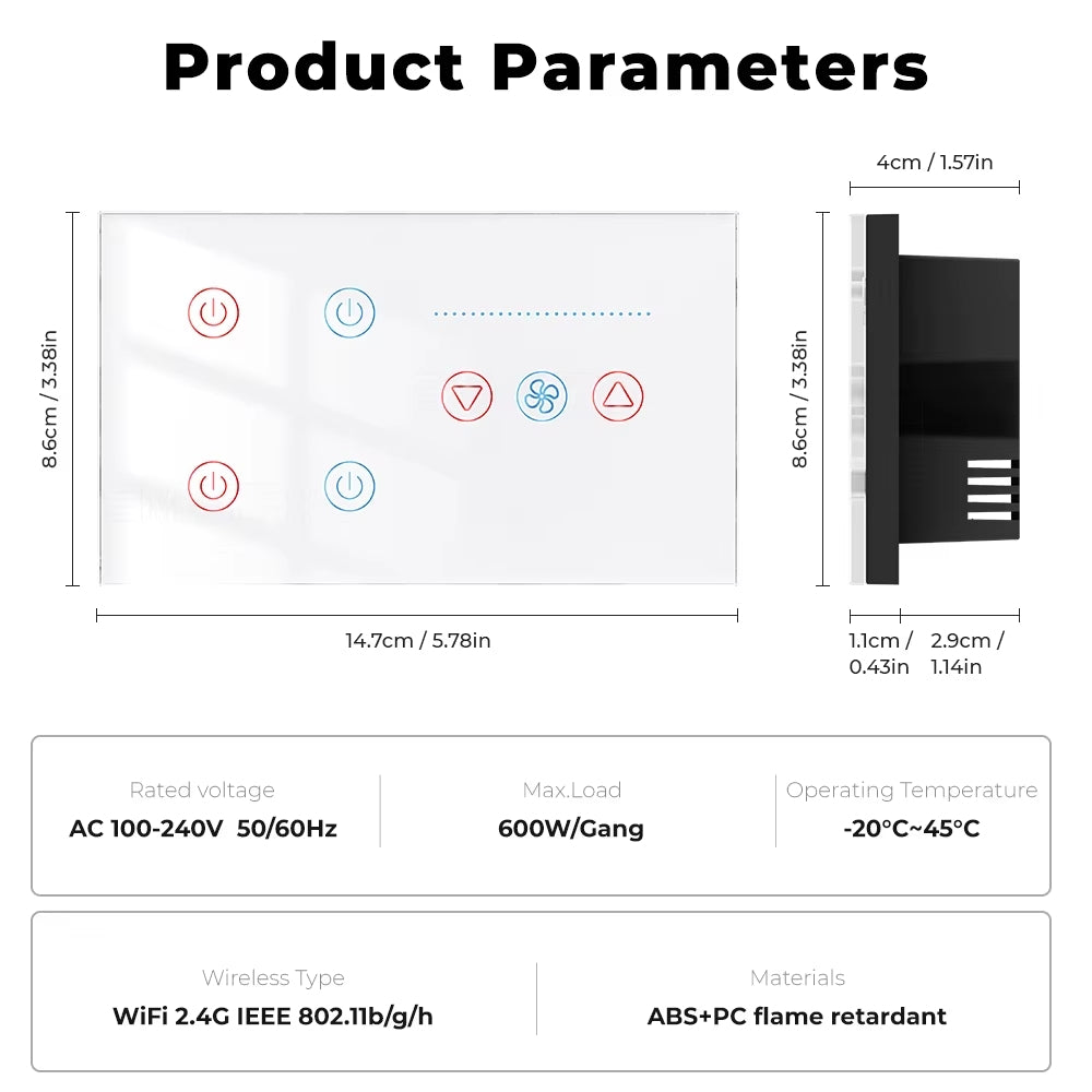 مفتاح ذكي رباعي مع تحكم في سرعة مروحة السقف- مؤقت ومراقبة الطاقة – يدعم التحكم الصوتي عبر أليكسا وجوجل هوم