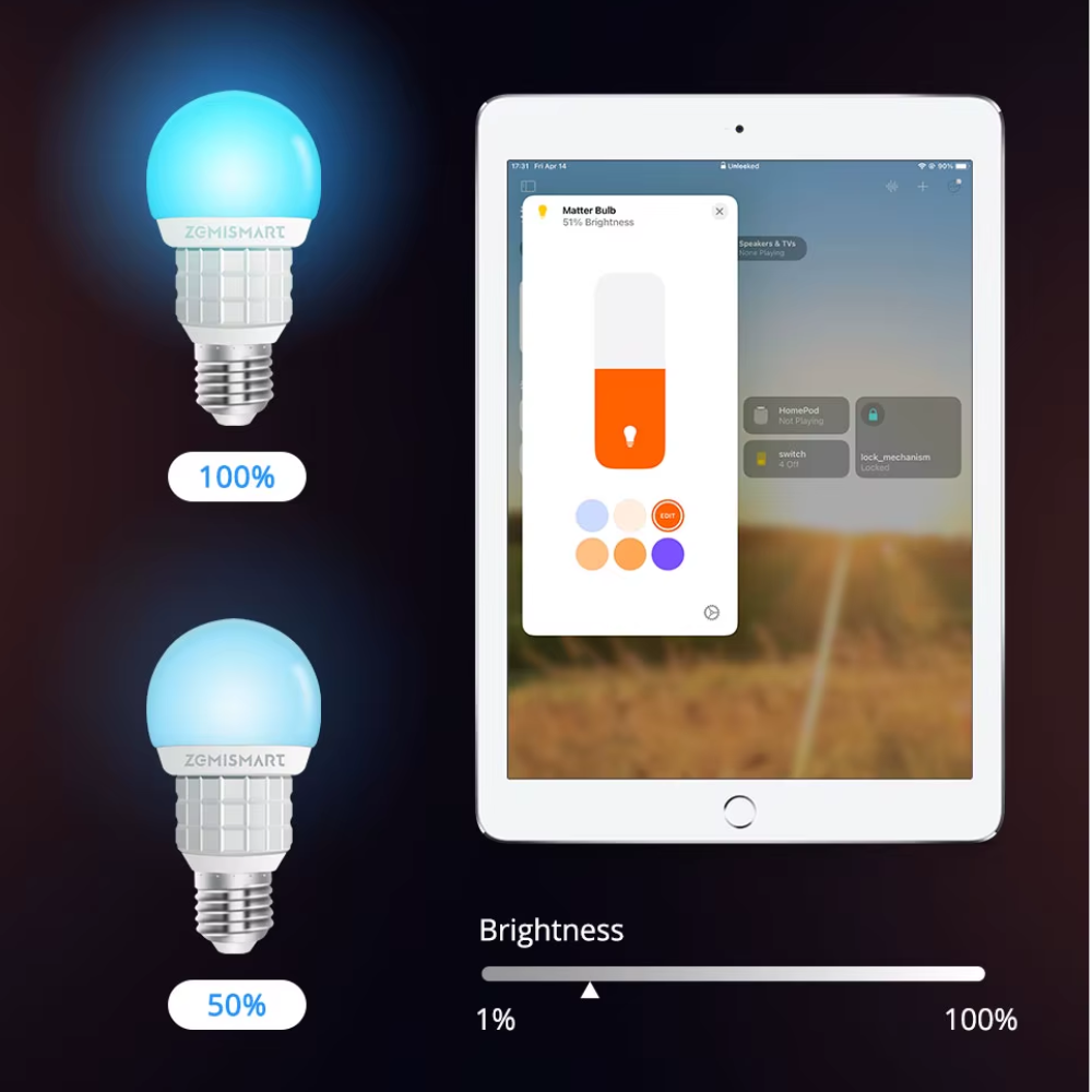 مصباح ذكي WiFi من Zemismart – قابل للتعتيم، يدعم Matter، تحكم صوتي، E27، ألوان RGB + أبيض دافئ / بارد
