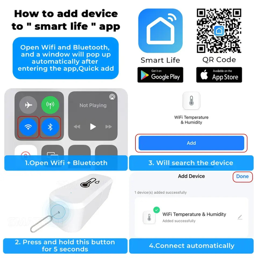 حساس حرارة ورطوبة ذكي WiFi مع تنبيه صوتي وارتباط مع Alexa وGoogle Home