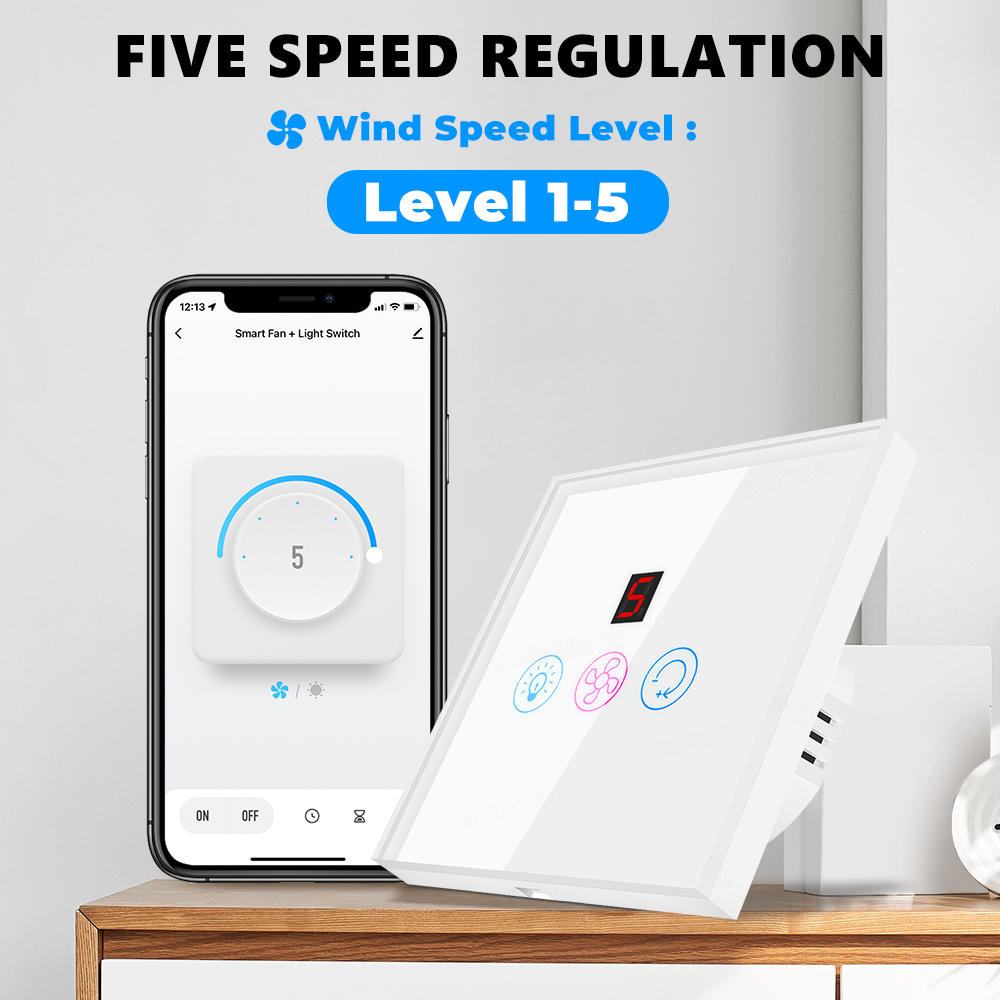 مفتاح ذكي للتحكم في المروحة والإضاءة WiFi مع 5 سرعات – يعمل مع Tuya/Smart Life