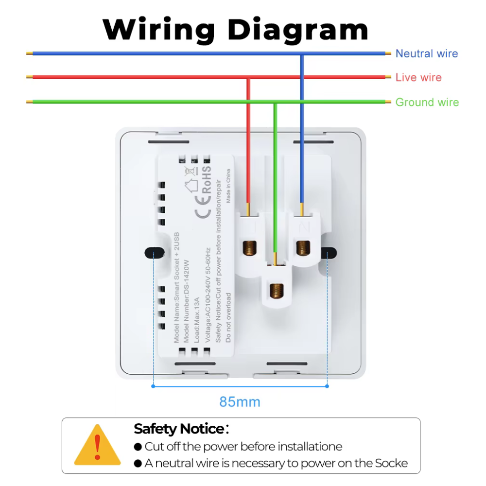 سوج بلك جداري ذكي WiFi + USB مزدوج 13A بنظام Tuya – متوافق مع Alexa وGoogle – تحكم فردي ومؤقت وزمن تنازلي