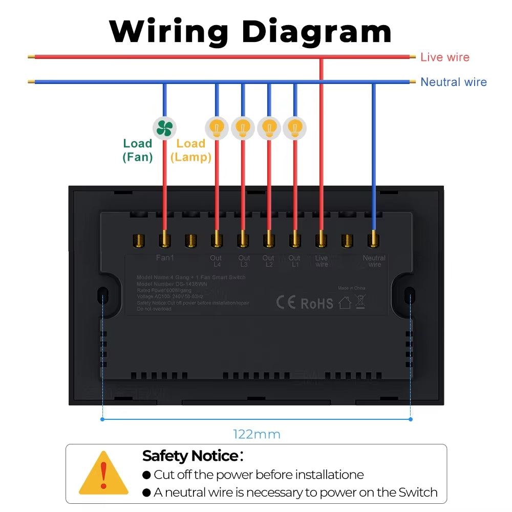 مفتاح ذكي رباعي مع تحكم في سرعة مروحة السقف- مؤقت ومراقبة الطاقة – يدعم التحكم الصوتي عبر أليكسا وجوجل هوم
