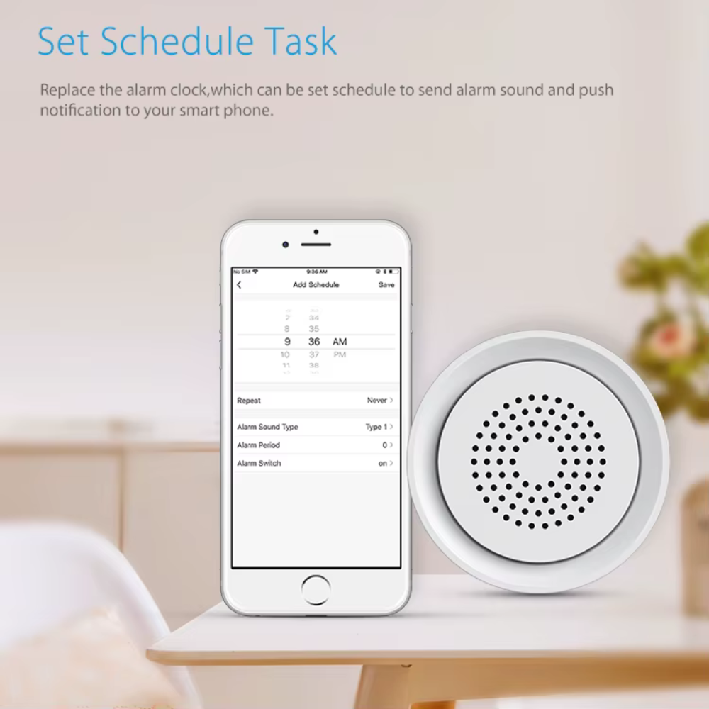 صفارة إنذار Wi-Fi ذكية بالصوت والضوء مع حساس حرارة ورطوبة مدمج وتحكم عن بُعد عبر تطبيق Tuya / Smart Life