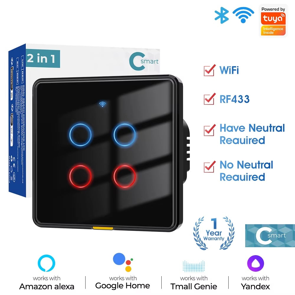 مفتاح جداري ذكي رباعي WiFi + RF433 | زجاجي لمس مقاوم للرطوبة