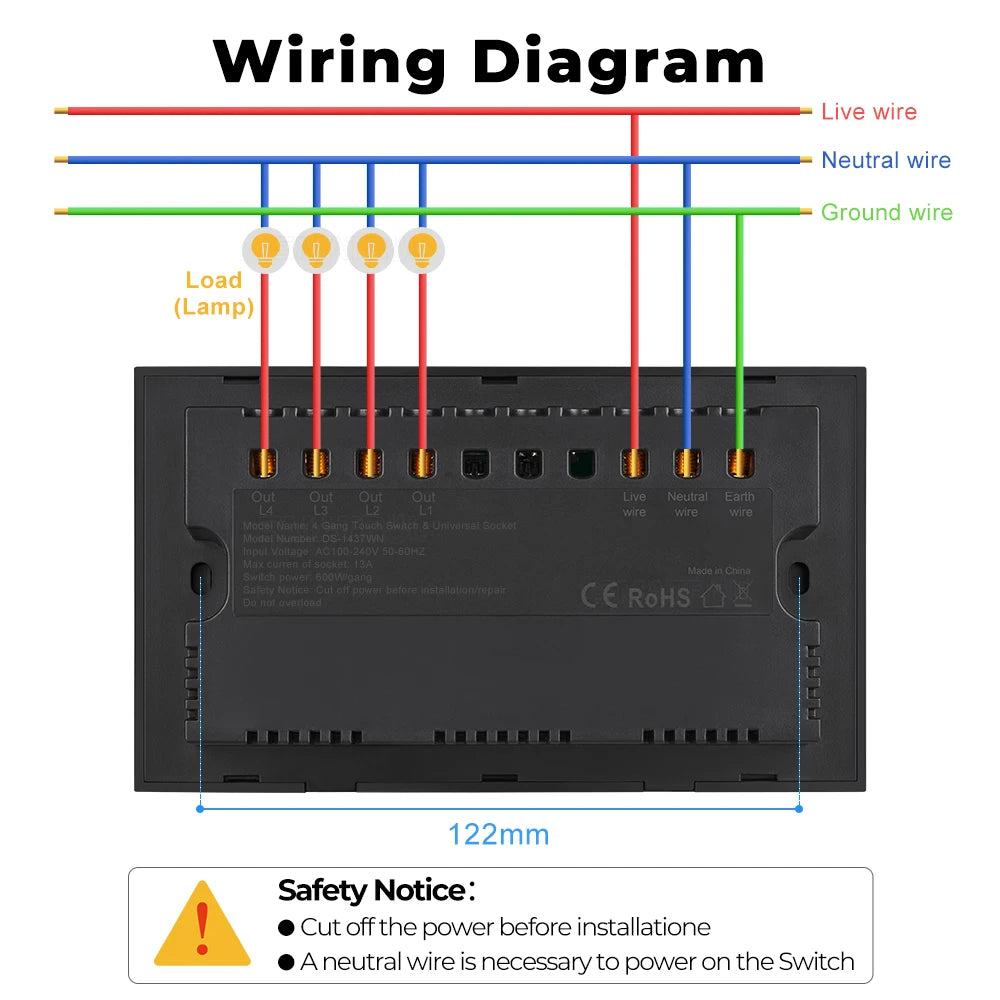 سوج لمس ذكي رباعي + مقبس عالمي Wi-Fi (Tuya)