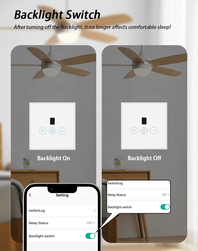 مفتاح مروحة سقفية ذكي WiFi يعمل باللمس – تحكم عن بُعد بخمس سرعات – يدعم تطبيق Tuya وSmart Life