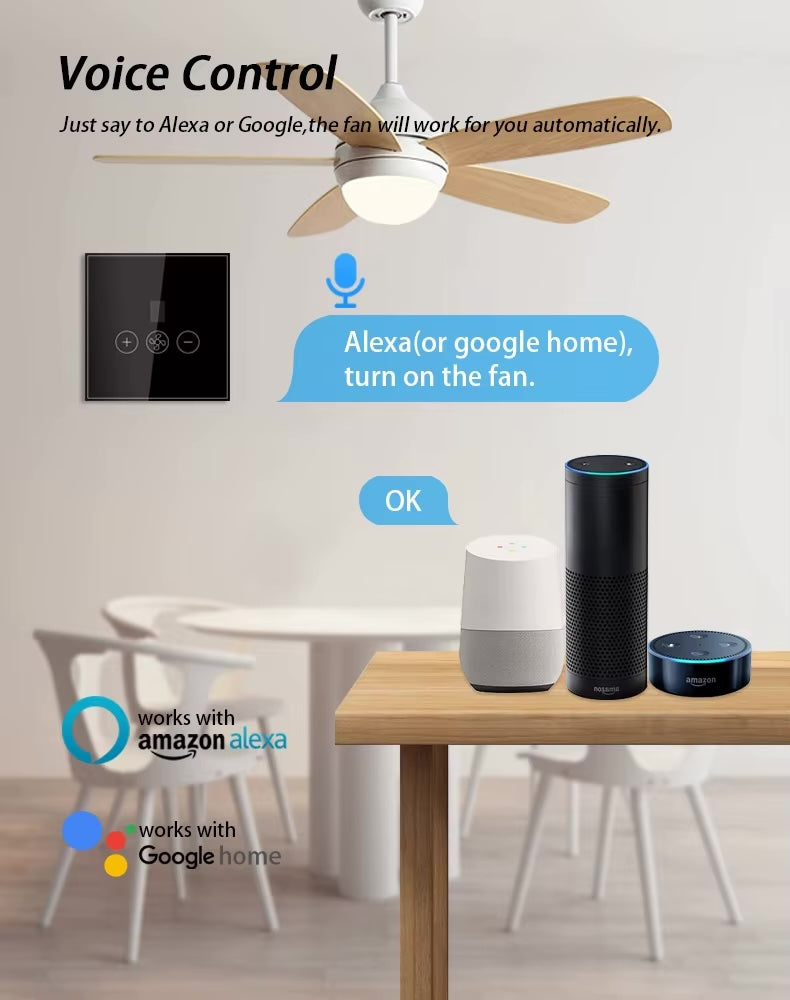 مفتاح مروحة سقفية ذكي WiFi يعمل باللمس – تحكم عن بُعد بخمس سرعات – يدعم تطبيق Tuya وSmart Life