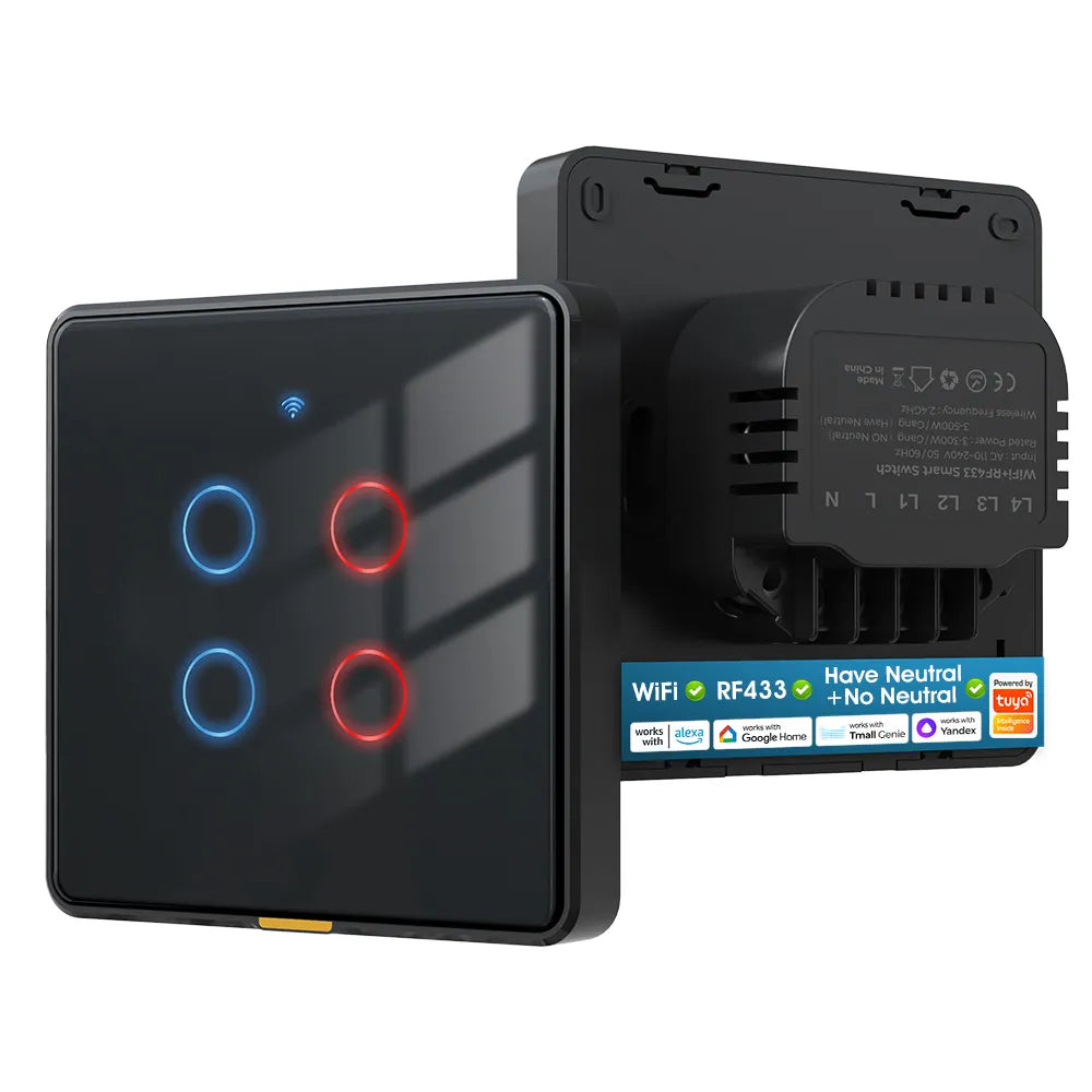 مفتاح جداري ذكي رباعي WiFi + RF433 | زجاجي لمس مقاوم للرطوبة