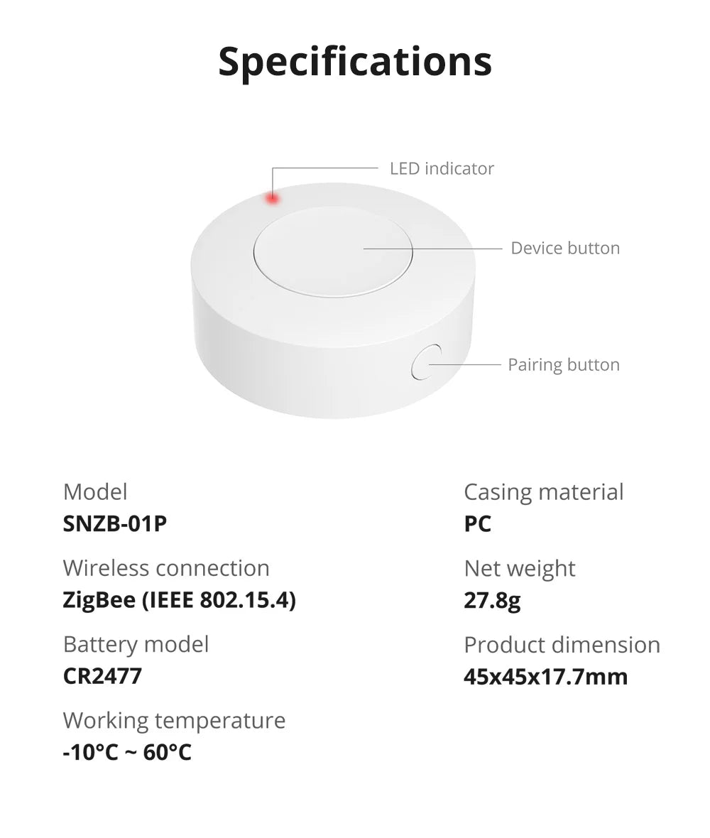 SONOFF SNZB-01P — مفتاح لاسلكي ZigBee بزر واحد للتحكم الذكي (يدعم Alexa عبر الهَب)