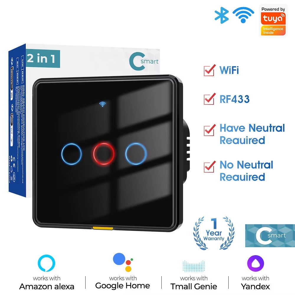 مفتاح جداري ذكي ثلاثي WiFi + RF433 | زجاجي لمس مقاوم للرطوبة