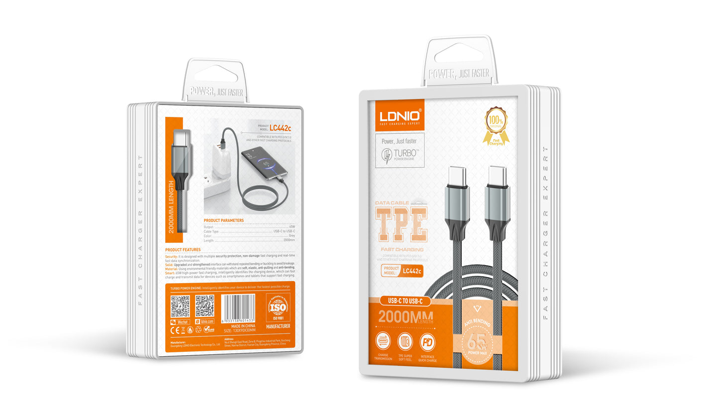 كابل شحن سريع ٦٥واط منفذ (type-C to type-C)طول1 متر ماده TPE توفر قدرة على الانحناء دون تكسر ، لشحن ونقل البيانات