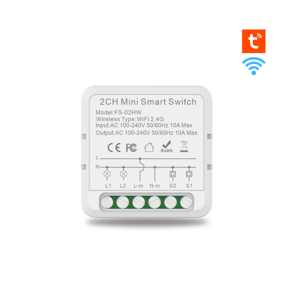 ڕووی پێشەوەی کلیلی بچووکی Wi-Fi ـی دوو کەناڵ FS-02HW، بە نیشانەی 10A Max