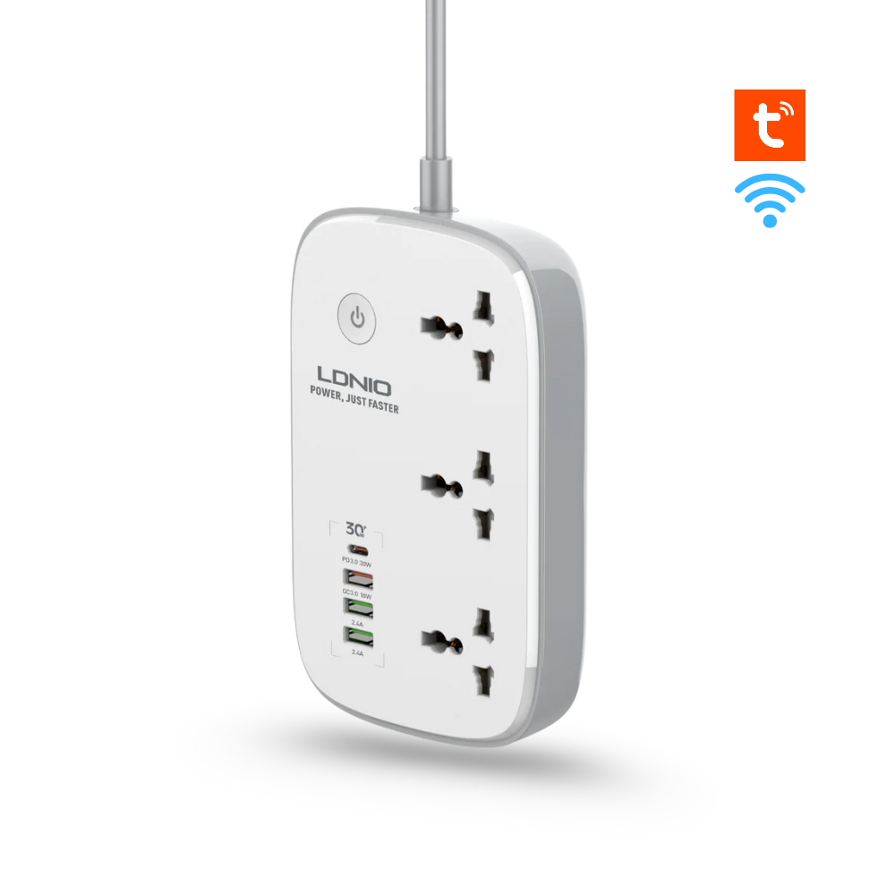 Smart Wi-Fi electric car with 3 power outlets and 4 USB ports for fast charging, Tuya app.