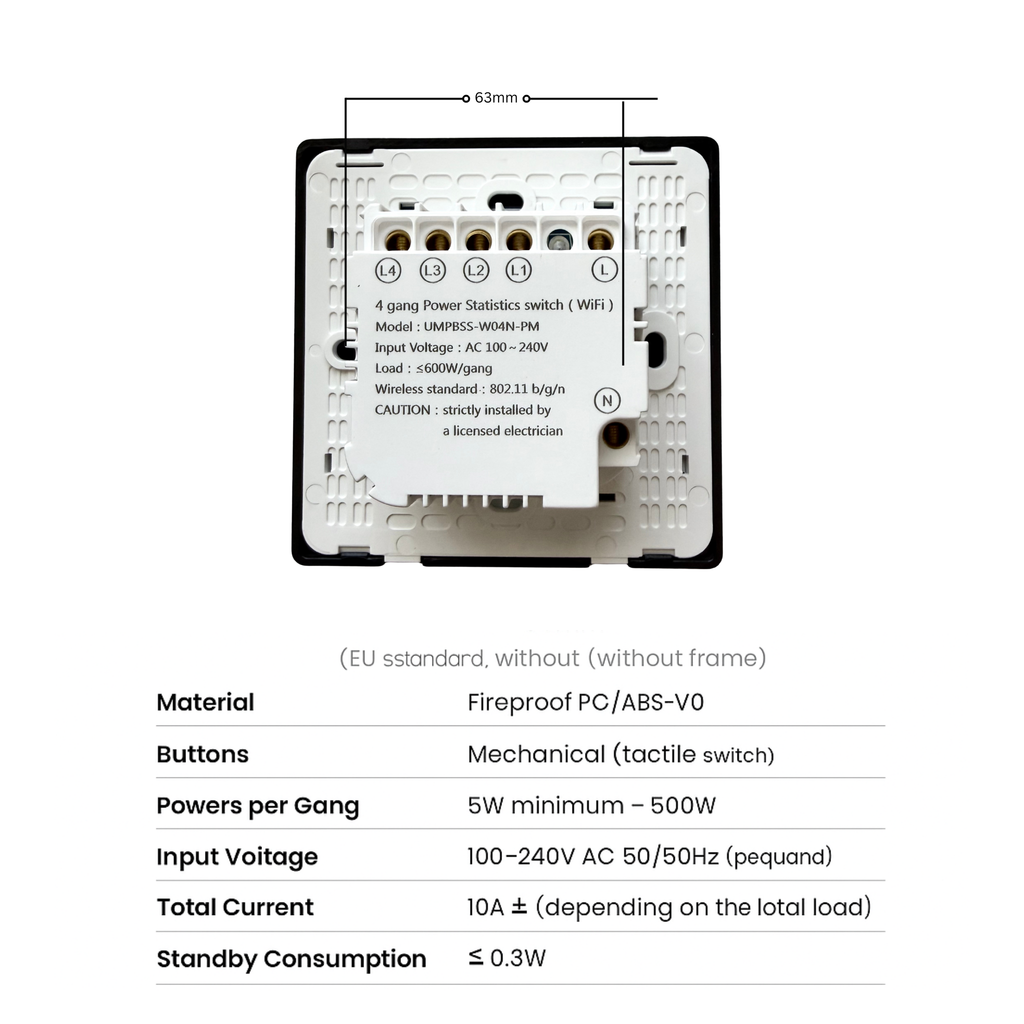 Smart Wi-Fi switch with mechanical child lock, power measurement, color and intensity control, and Tuya system. 